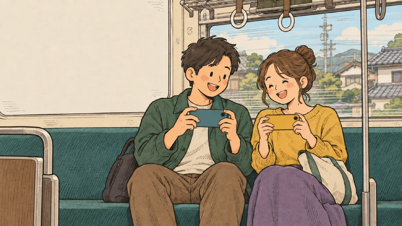 電車で並んでスマホでボードゲームをする2人
